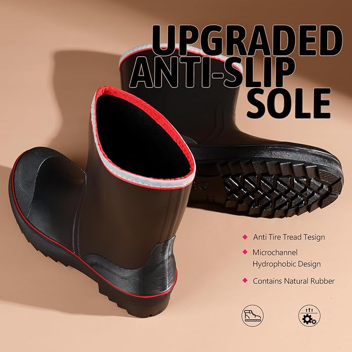 Women's Ankle Rain Boots - Slip On Waterproof Festival & Garden Shoes for Men - Comfortable Lightweight Rubber Wellies with Decorative Buckle