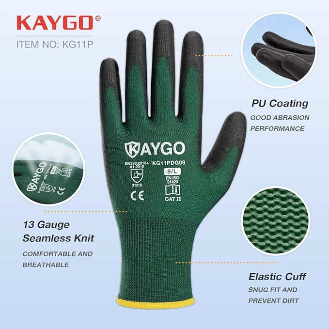 KAYGO Safety Work Gloves PU Coated,12 Pairs KG11PB Seamless Knit Glove for Men and Women, with Smooth Grip on Palm and Fingers, Ideal for General Duty Work (2X-Large,Dark Green)