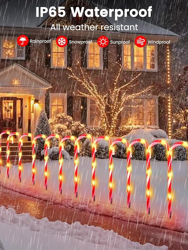 Upgraded 24 Pack Candy Cane Solar Christmas Lights Waterproof, Rechargeable Pathway Lights with Remote, Solar Powered & USB Charging Christmas Decorations Outdoor for Garden Lawn Yard Party