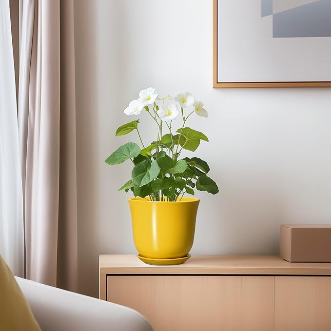 Ceramic Plant Pots - 5.6 Inch Planter with Drainage Hole and Saucer, Round Small Plant Pot for Indoor Outdoor, Modern Flower Succulent Orchid Pot, Desk Decor, Plant Lover Gifts, Yellow