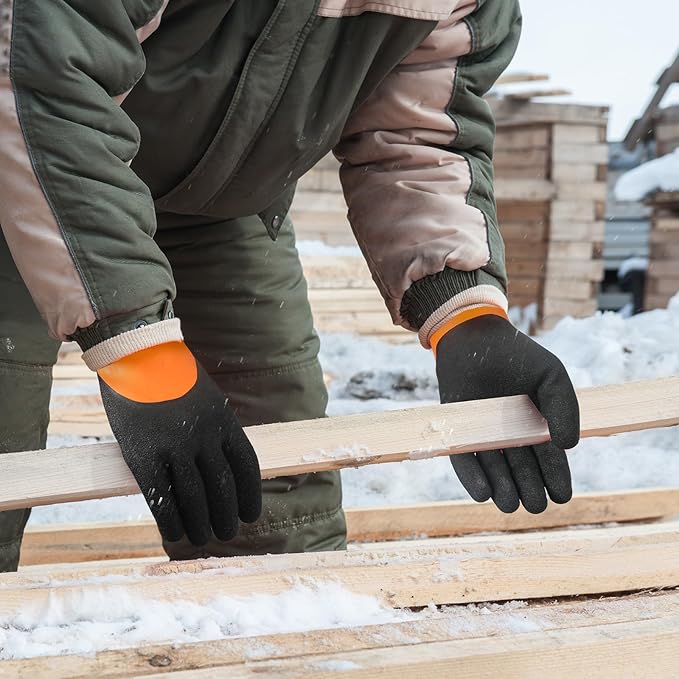 Kebada T2 Waterproof Work Gloves for Men and Women, Thermal Warm Winter Working Gloves, Insulated Freezer Gloves for Cold Weather, 100% Latex Coating, Wrist Closure, 2 Pairs, Orange, Medium