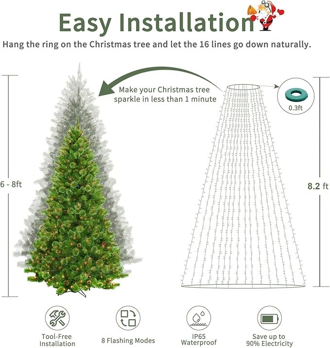 VIL Christmas Tree Lights with Ring,8.2Ft 16 Line 448 LED Green Wire Fairy Waterfall String Lights Plug in,Icicle Twinkle Lights with 8 Lighting Modes for Indoor Outdoor Xmas Tree(Warm White)