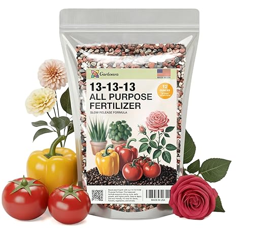 Gardenera 13-13-13 Slow Release Granular Fertilizer – All Purpose Plant Food 13 13 13 for Outdoor Grass, Vegetables, Roses, Flowers, Shrubs, Trees. Lawns, Gardens, Potted Plants (12 OZ)
