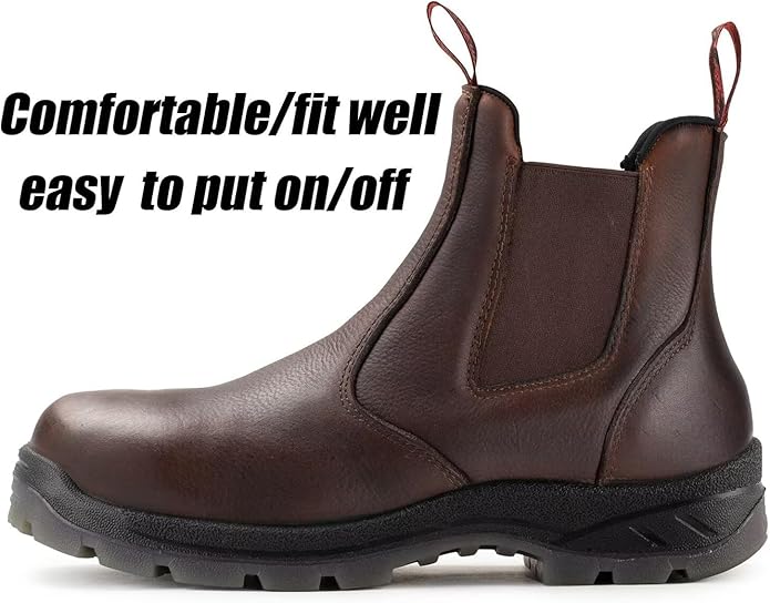 SUREWAY Men's Slip-On Work Boots for Men,Full Grain Leather,Anti-Static,Water/Slip Resistant,Fire Station Mechanic Industrial Construction Safety Boots/Shoes for Men