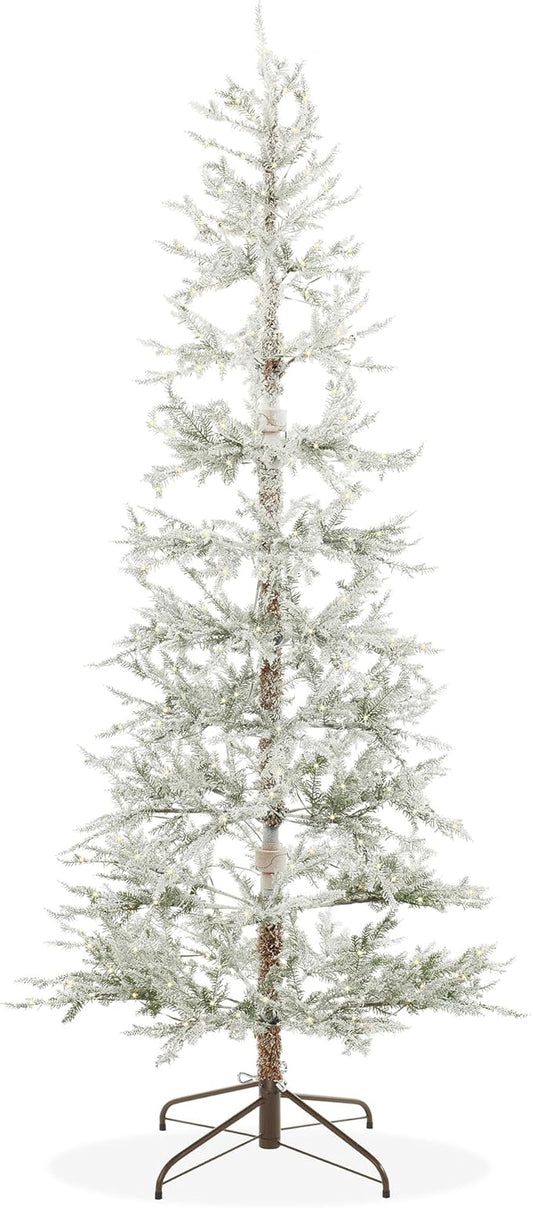 Casafield 7.5FT Pre-Lit Sparse Flocked Pine Artificial Holiday Christmas Tree with Sturdy Metal Stand