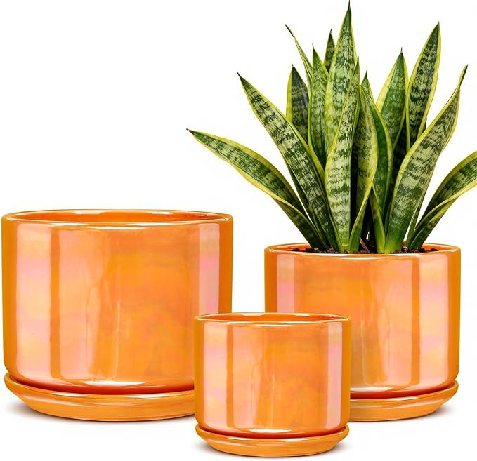 EFISPSS Ceramic Plant Pots,4+5+6 Inch Ceramic Indoor Pots for Plants with Drainage Hole,for Succulent Cactus,Pothos,Snake Plant Gift for Plant Lovers Set of 3 - Orange Pearl Glaze Plant Pots