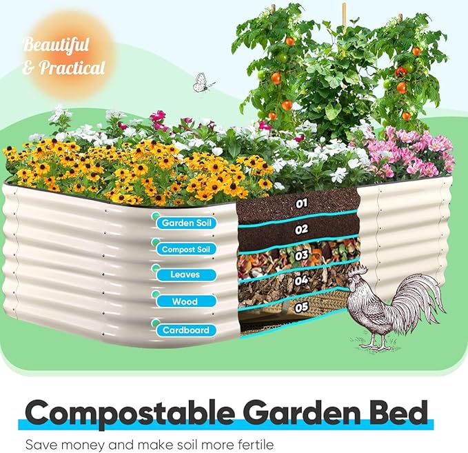 Quictent Galvanized Tall Raised Garden Bed Kit, 8x4x2 ft Oval Large Planting Box Rubber Strip Edging, for Vegetables Outdoor Strengthened by Crossbar (Beige)