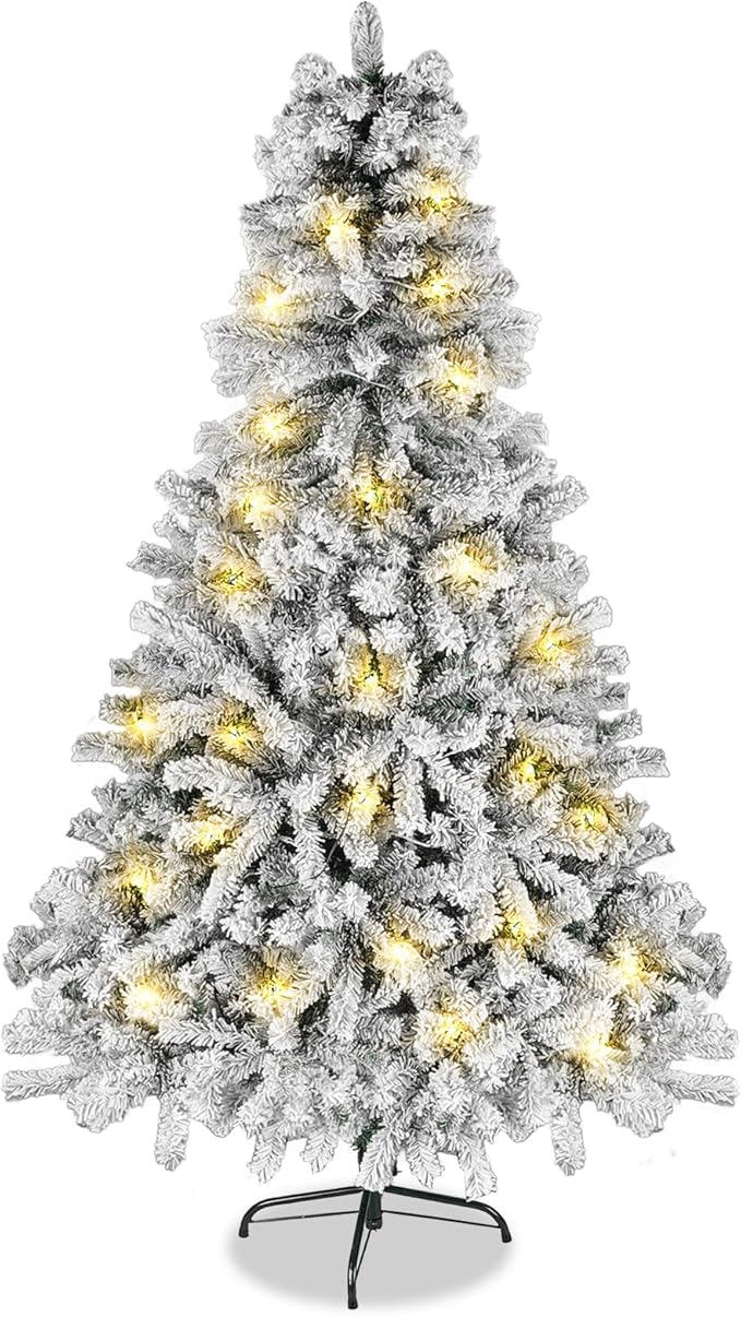 Northroad 6ft Pre-lit Flocked Christmas Tree with Incandescent Warm White Lights, Artificial Xmas Tree W/850 Branch Tips, 250 Lights & Foldable Stand