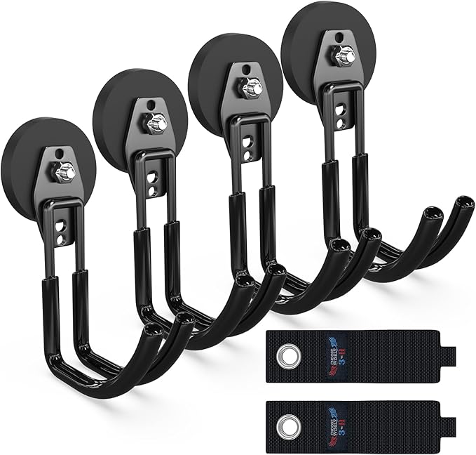 3-H Heavy Duty Magnet Garage Hooks 4 Pack, J Shape Strong Magnetic Hooks for Hanging Cordless Power Drill, Utility Magnetic Tool Holder for Metal Cabinet, Steel Pegboard, Toolbox, Garage(Black)