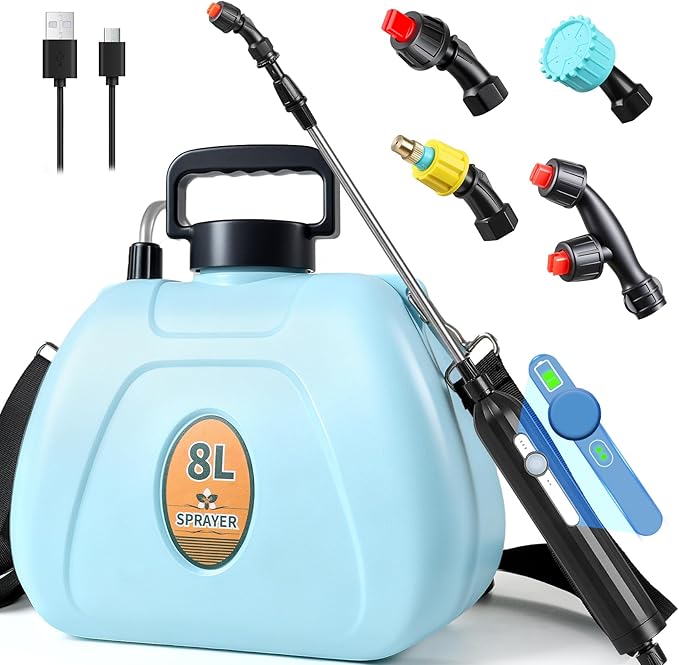 2 Gallon Battery Powered Sprayer, Rechargeable Electric Sprayer with 2 Speeds, 4 Nozzles, Battery Indicator, Retractable Wand, Adjustable Padded Shoulder Straps and Storage Bag for Lawn and Garden