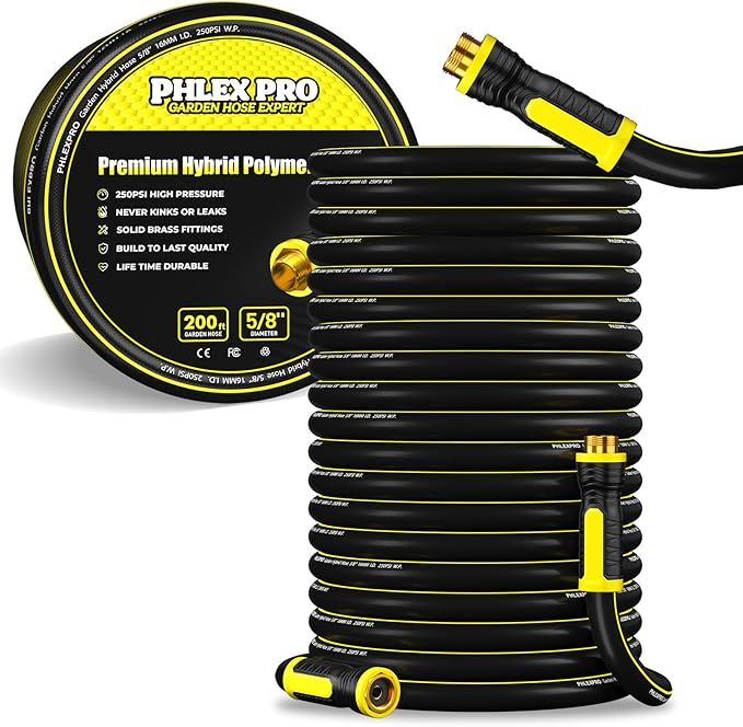 Garden Hose 200FT - PHLEX PRO Heavy-Duty Premium 5/8'' Rubber 3-Layer Water Hose with Full Brass Male to Female Fittings - Innovation Flexible Hybrid Lightweight Water Hose for RV Garden
