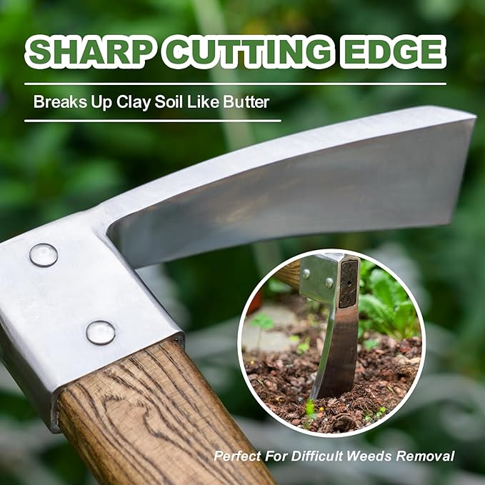 Haliaeetus Pick Axe, Stainless Steel Mattock with Sharp Pick and Cutting Edge for Breaking up Heavy Clay Soil, and Removal of Difficult Weeds, Garden Pick with Wood Handle for Digging, Loosening Soil