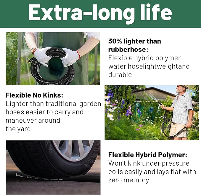 Short Garden Hose 3 ft x 5/8" Female to Female, Heavy Duty Small Water Hose Extend Connector, Leak-Free Connections Hybrid Rubber Leader Hose with 3/4" Double GHT Fittings, Black