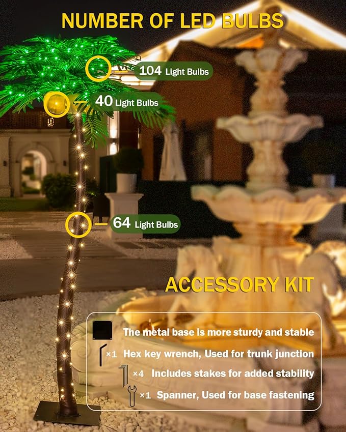 7ft Lighted Palm Tree 208 LED Lights with Glowing Coconuts - Dimmable, UL Certified, Waterproof - Ideal for Indoor and Outdoor Decoration