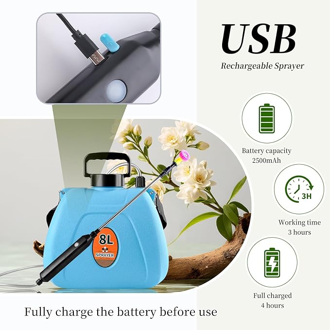 Battery Powered Garden Sprayer 2 Gallon, Electric Backpack Sprayer with USB, Weed Yard Lawn Sprayer with 5 Mist Nozzles & Retractable Wand & Adjustable Strap for Yard, Lawn and Garden