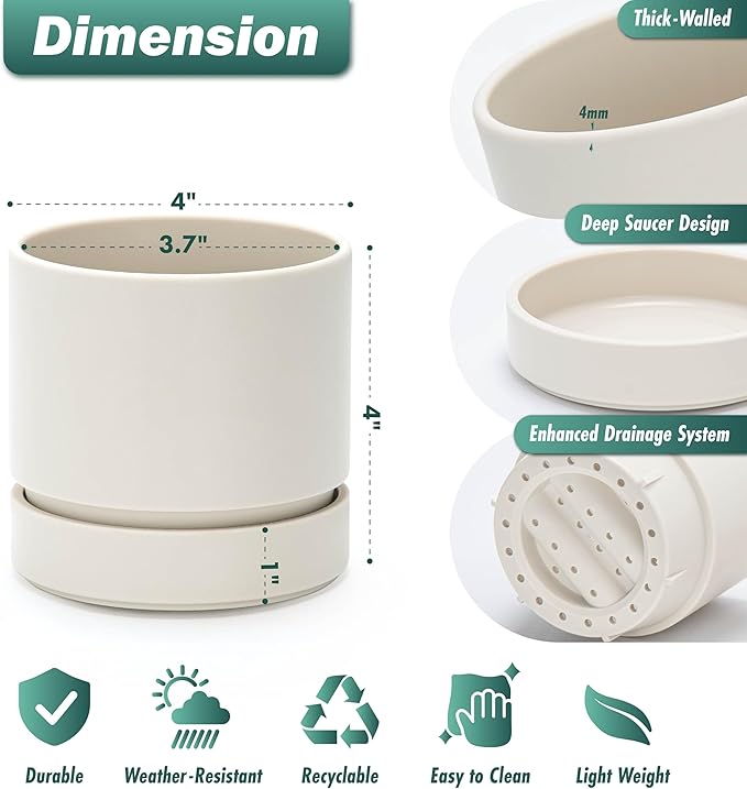 Phoenix Vine 4 Inch Planter Pot with Drainage Hole & Saucer, Deep Water Catch Tray, Straight Cylindrical Round Pot for Plants, Oatmeal, Pack of 3, 23-E-R-3