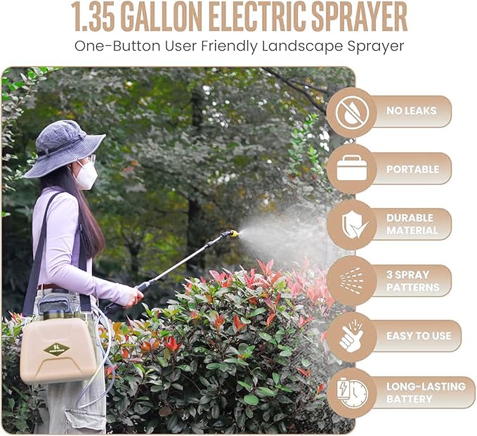 2025 Upgraded Electric Garden Sprayer | 5L/1.35Gal Battery-Powered Sprayer w/ 3 Nozzles, Leak-Proof Design & Adjustable Strap | Type-C Rechargeable for Lawn, Garden, Yard (Light Yellow)
