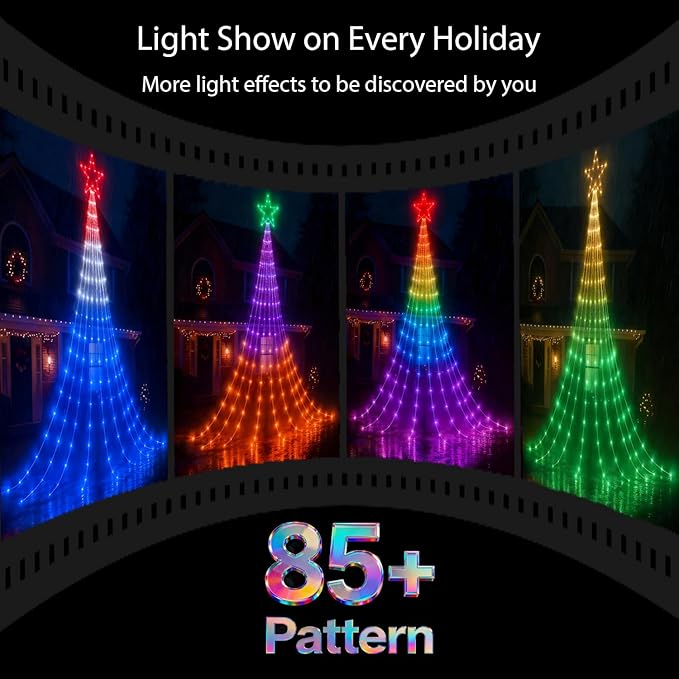 Probro 12ft Outside Waterfall Christmas Tree Lights, App Remote-Controlled RGB Christmas Shooting Star Lights with Music Sync, 85 Dynamic Effects & DIY Mode for Outdoor Xmas New Year Yard Decor