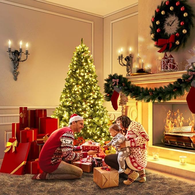 GOFLAME 7ft Artificial Pre-lit Christmas Tree with Warm White LED Lights and Pine Cones, Home Holiday Décor, Hinged, 925 Branches for Indoor Decoration Easy Setup