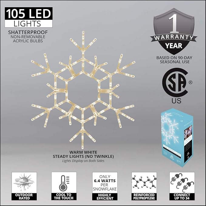 Kringle Traditions 36" Folding Warm White Snowflake Decoration LED Lights Large Snowflake Decorations Outdoor Lights (36" Warm White Snowflake)