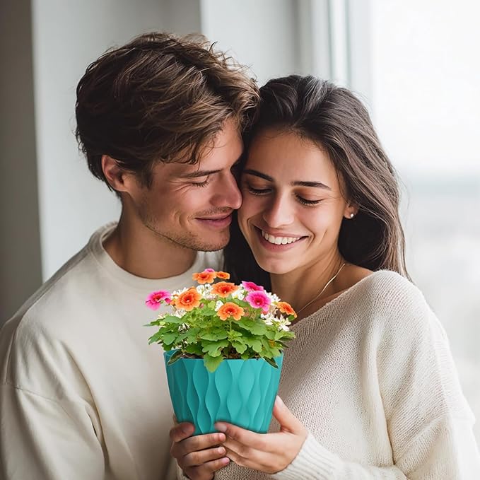 7/6.5/6/5.5/5/4.5/4 inch Plant Pots for Indoor Outdoor Plants, 7 Pack Thick Flower Pots with Drainage Holes and Saucers, Modern Wave Texture Small Plastic Planters Nursery Pots, Blue Green