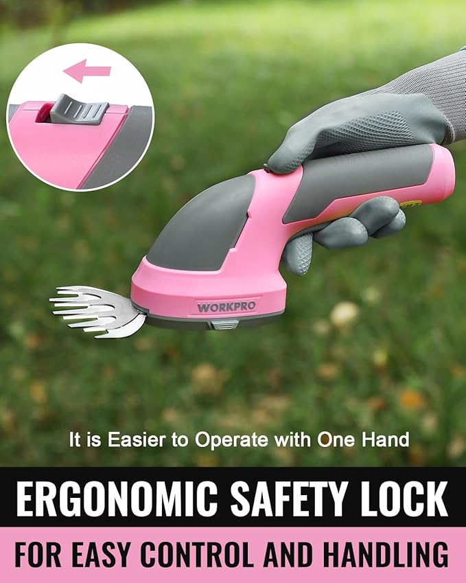 WORKPRO Cordless Grass Shear & Shrubbery Trimmer - 2 in 1 Handheld Hedge Trimmer 7.2V Electric Grass Trimmer Hedge Shears/Grass Cutter Rechargeable Lithium-Ion Battery and Type-C Cable - Pink Ribbon