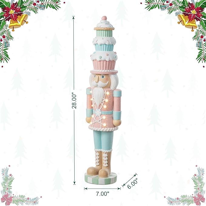 Glitzhome Christmas Front Porch Decor, Lighted Macaron Pink and Blue Resin Xmas Cupcake Nutcracker Porch Decor w/Timer for Indoor Outdoor Patio Standing Decor, 28" H
