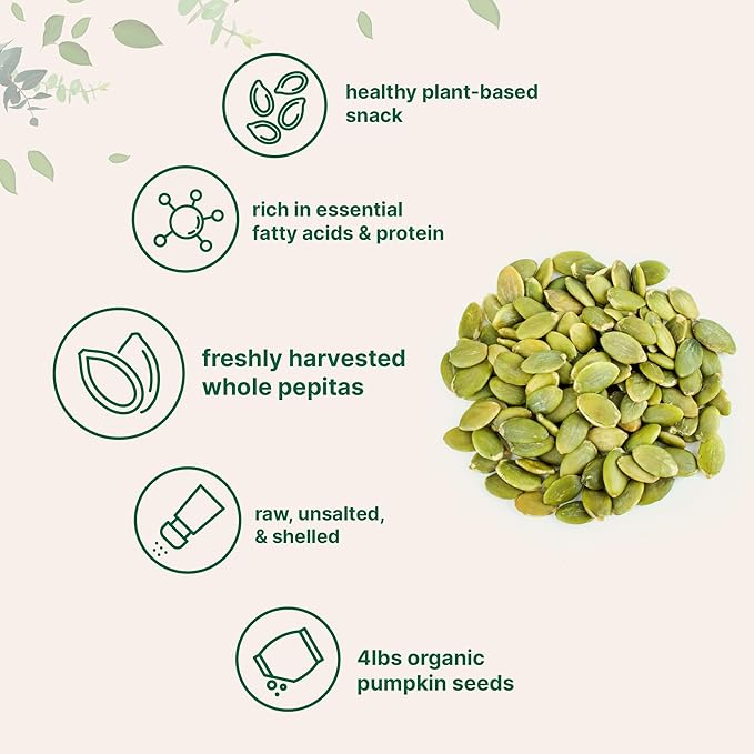 Organic Pumpkin Seeds, 4lbs | Raw, Unsalted, & Shelled – Whole Pepitas | Pumpkin Seeds to Eat | Great for Baking, Smoothies, & Salad Toppings | Natural Source of Essential Fatty Acids, Protein, & Iron