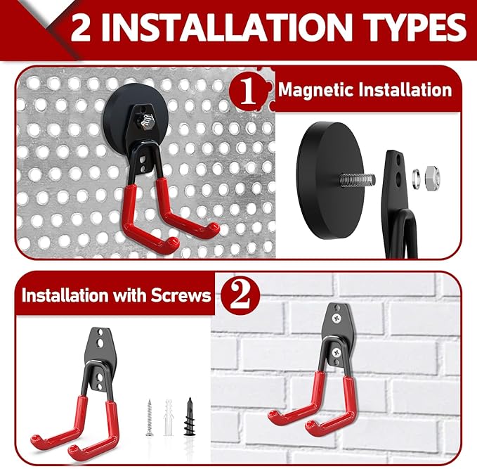 3-H Heavy Duty Magnet Garage Hooks 2 Pack, Large Strong Magnetic Hooks for Hanging Cordless Power Drill, Utility Magnetic Tool Holder for Metal Cabinet, Steel Pegboard, Toolbox, Garage(Red)