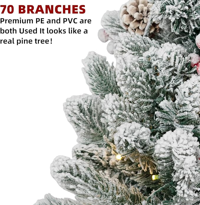 ININ 2FT Pre-lit Mini Christmas Snow Flocked Tree,Tabletop Artificial Christmas Tree with LED Lights, Small Xmas Pine Tree with Cloth Bag Base for Christmas Decor.