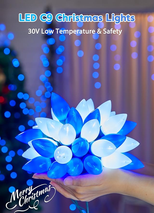 C9 Christmas Lights Outdoor Waterproof, 81 Feet 100 LED C9 String Lights with Timer & 8 Light Mode, Connectable Christmas Tree Lights for Indoor Outside Roofline Patio Decoration, Blue & Pure White