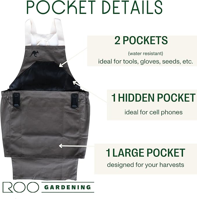 Roo Gardening Apron with Pockets & Harvesting, Picking Pouch - Adjustable, Water-resistant, Washable Canvas Cotton
