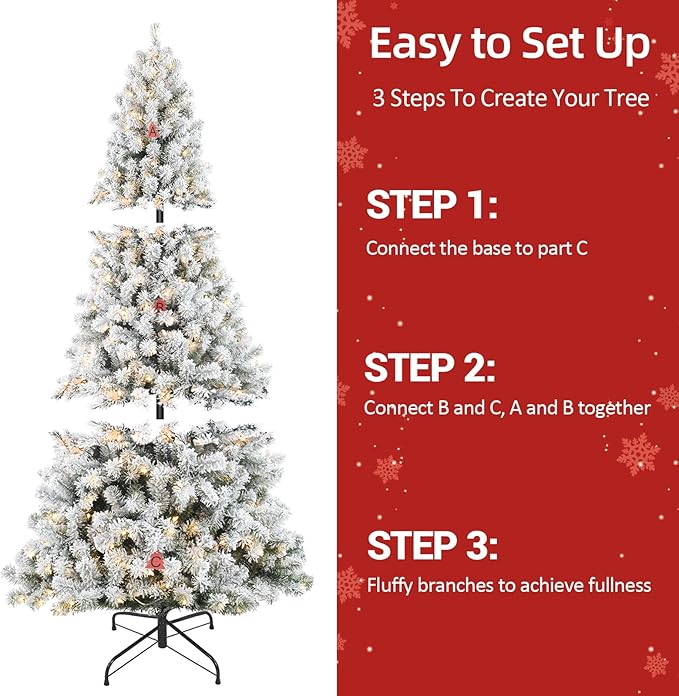 6ft Flocked Christmas Tree with 250 Warm White Lights, Frosted Artificial Tree with 820 Snowy Branch Tips, Metal Stand & Foldable Base - Ideal for Home, Office, Party, or Holiday Decor