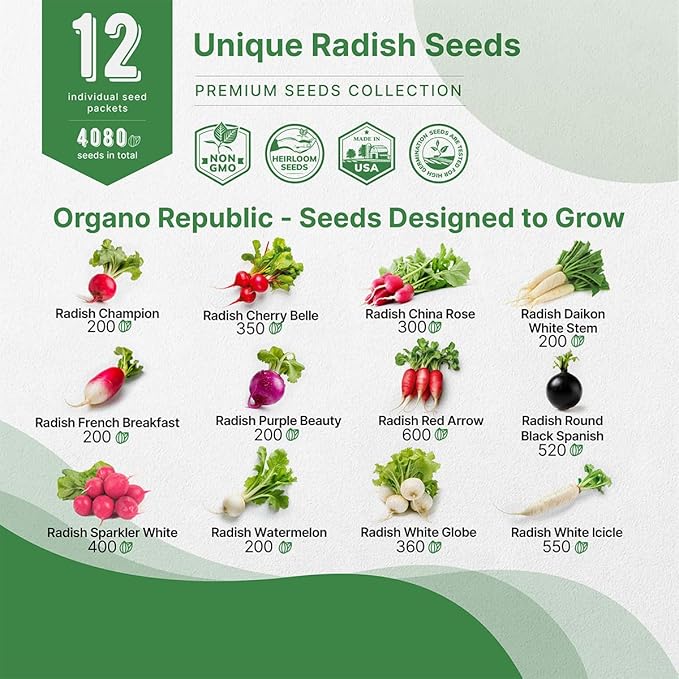 Organo Republic 12 Radish Seeds Variety Pack for Indoor & Outdoors 2400+ Heirloom Non-GMO Radish Garden Seeds: Daikon, Cherry Belle, French, Breakfast, Champion, Purple, Watermelon Radishes Seeds