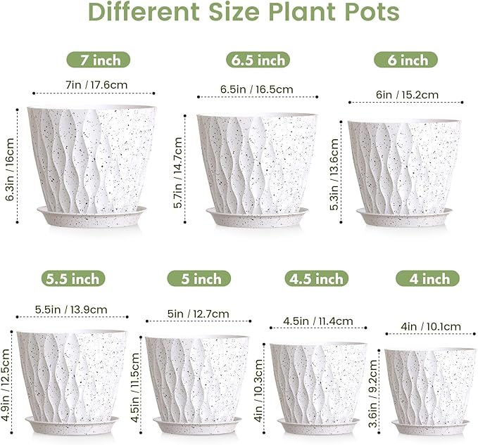 7/6.5/6/5.5/5/4.5/4 inch Plant Pots for Indoor Outdoor Plants, 7 Pack Thick Flower Pots with Drainage Holes and Saucers, Modern Wave Texture Plastic Planters Nursery Pots, Speckled White