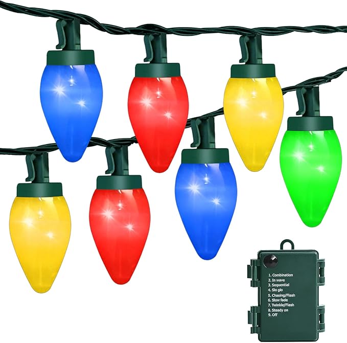 C7 60 LED Battery Operated Christmas Lights,Battery Powered Multicolor Waterproofing Bulbs,21.3 FT 8 Modes with Auto On/Off Time for Xmas Tree Garden Patio Indoor Outdoor Christmas Decorations