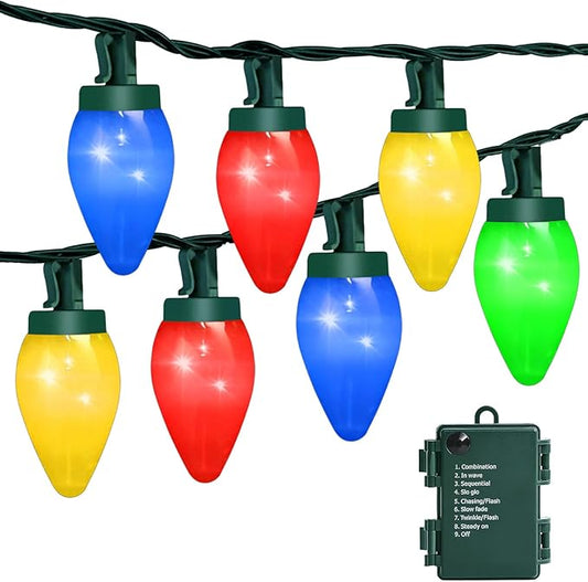 C7 60 LED Battery Operated Christmas Lights,Battery Powered Multicolor Waterproofing Bulbs,21.3 FT 8 Modes with Auto On/Off Time for Xmas Tree Garden Patio Indoor Outdoor Christmas Decorations