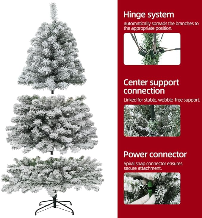CHILLSUN Prelit Christmas Tree with Lights 6ft, Premium Snow Flocked Artificial Xmas Tree with 874 Branch Tips and 250 Warm Lightsm, Metal Reinforced Base Easy Assembly for Christmas Decorations,White