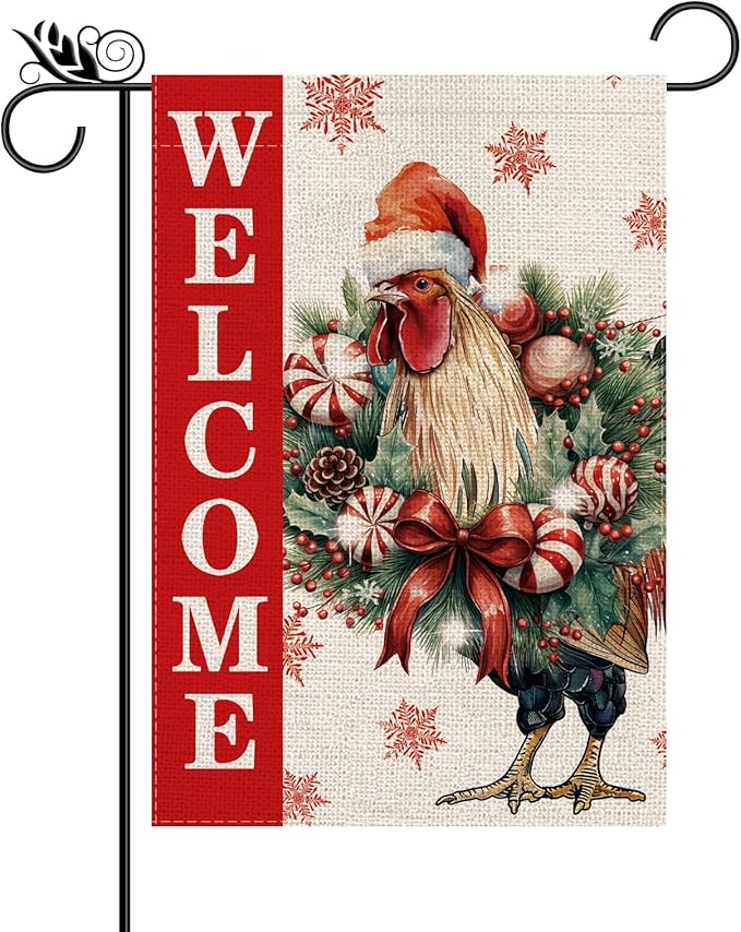 Christmas Garden Flag Welcome Xmas Chicken Winter Holiday Decorations Burlap Vertical Double Sided Farmhouse Yard Lawn Outdoor Decor 12.5 x 18 Inch