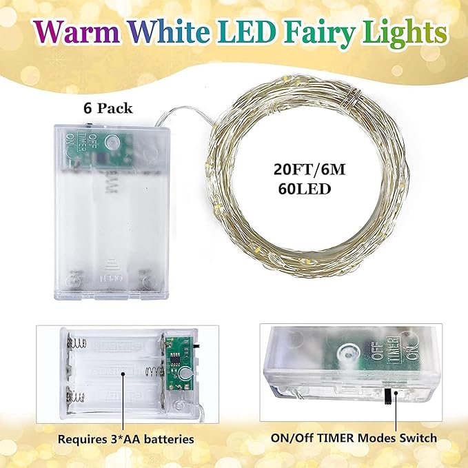 6 Pack Christmas Fairy Twinkle Lights Battery Operated, 3 Pack Cool Whie & 3 Pack Warm White Each 20FT 60 LED Waterproof Outdoor String Light, Fairy Light with Timer for Christmas Decorations