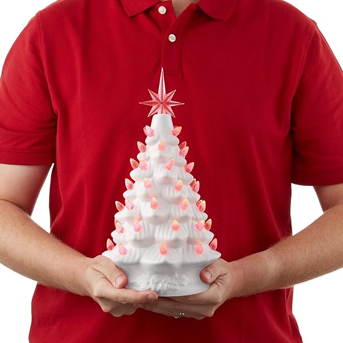 Casafield Hand Painted Ceramic Christmas Tree, White 12-Inch Pre-Lit Tree with 100 Pink and Blue Lights and 2 Star Toppers