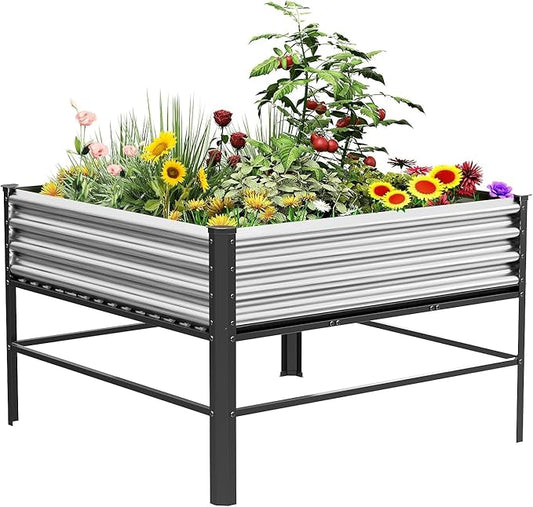 Doniks Raised Garden Bed with Legs, 48×48×32in Large Outdoor Metal Galvanized Garden Planting Box,1000lb Capacity for Vegetables Lawn Green Flowers, Fruits, Terrace