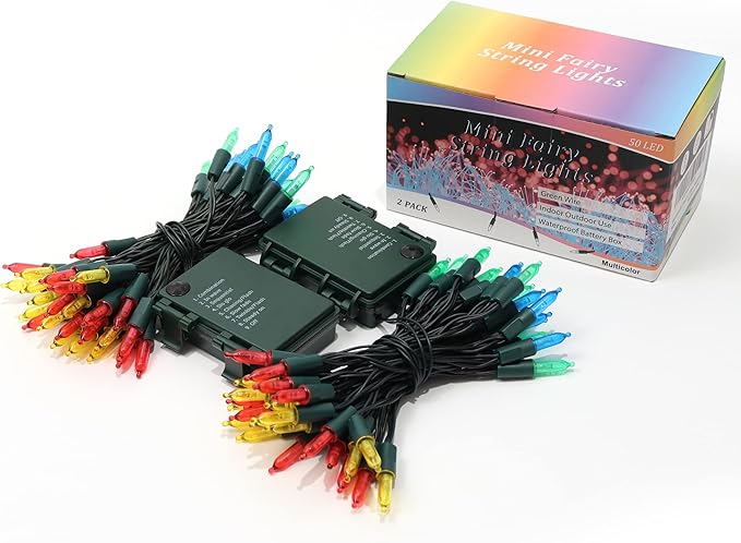 WATERGLIDE 2 Pack 50 LED Outdoor Christmas Lights, 16FT Battery Operated Mini String Lights with 8 Modes & Timer, Xmas Tree Lights Waterproof for Patio Garden Party Wedding Holiday Decor, Multicolor