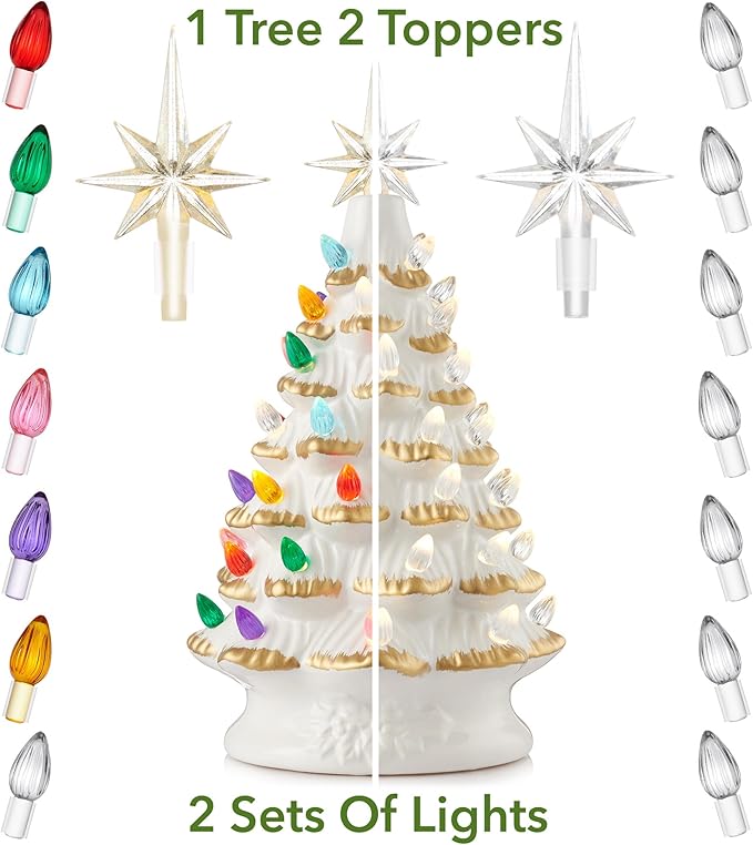 Casafield Hand Painted Ceramic Christmas Tree, White 12-Inch Pre-Lit Tree with 100 Multi Color Lights and 2 Star Toppers