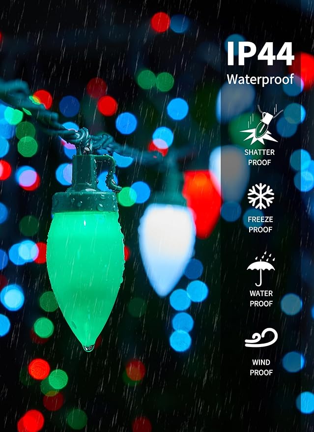 C9 Christmas Lights Outdoor Waterproof, 81 Feet 100 LED C9 String Lights with Timer & 8 Light Mode, Connectable Christmas Tree Lights for Indoor Outside Roofline Decoration, Red, Green & Pure White