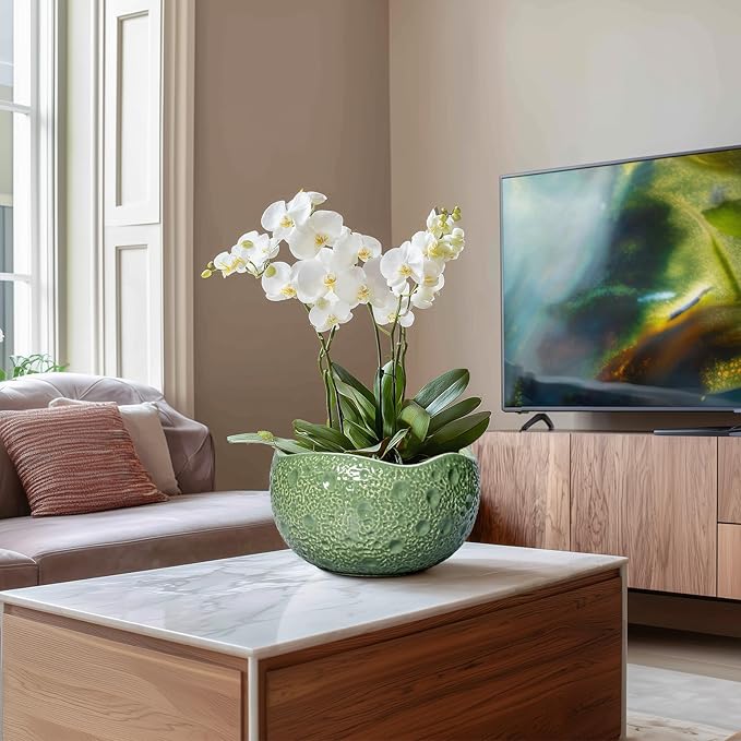 Ceramic Pots for Plants - 10 Inch Plant Pot for Indoor Outdoor, Round Bonsai Pots with Drainage Hole, Modern Planter, Decorative Flower Pot, Living Room Decor, Gifts for Plant Lovers, Green