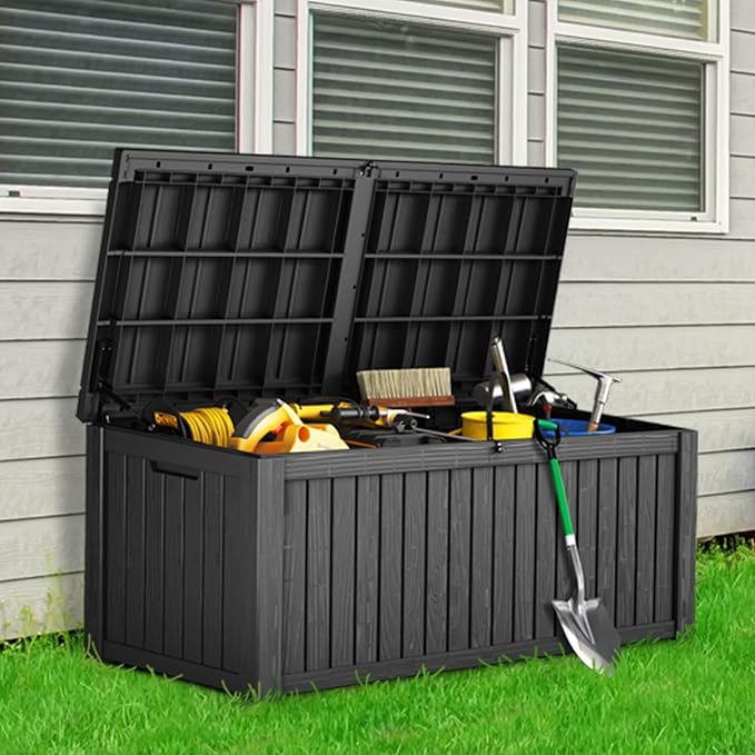 180 Gallon Waterproof Deck Box, Lockable Resin Storage Box for Patio Furniture Cushions Garden Tools and Outdoor Delivery Storage, Black