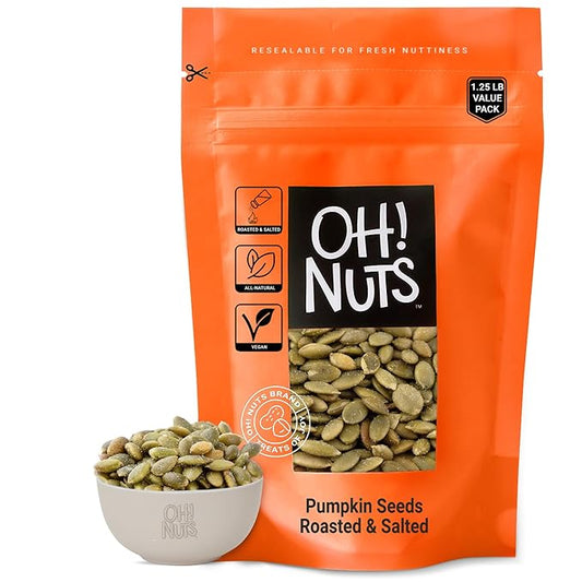 Oh! Nuts Pumpkin Seeds - Roasted Salted - 1.25 lb - No Shell Pepitas - Packed in New York Zip-Seal Bag for Exceptional Freshness