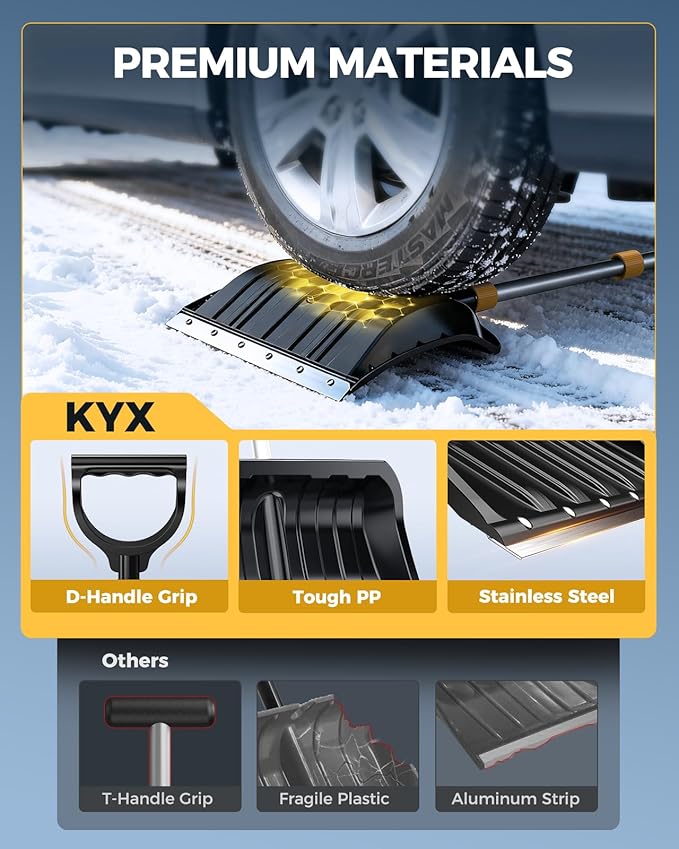 KYX 18.5" Wide Snow Shovel with Stainless Steel Wear Strip & D-Shape Handle, Heavy Duty Snow Shovel for Driveway, Sidewalk, Garden, Yard Snow Removal