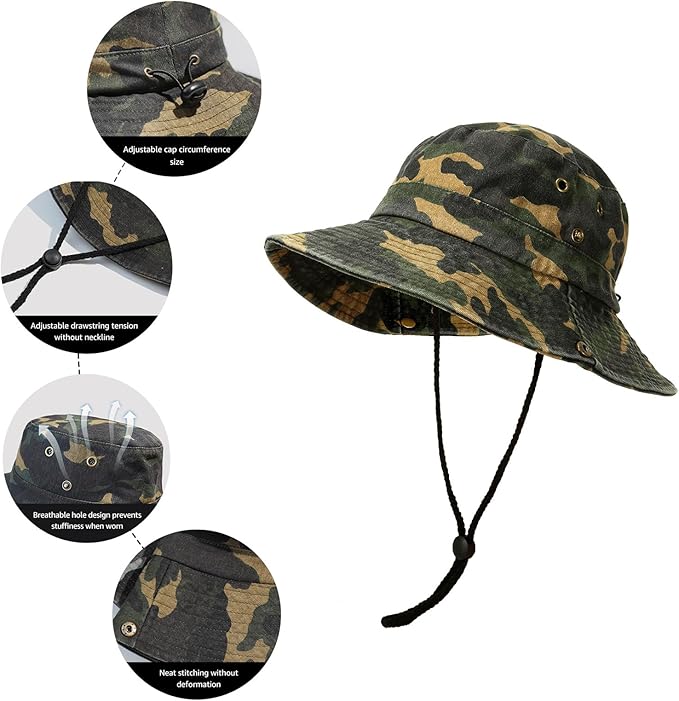 Men's Bucket Hat Camo Outdoor Sun Protection, Breathable Quick-Dry Fishing Gardening Hiking Hat ,UPF50+ Cotton Wide Brim